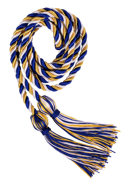 Royal Blue, Gold and White Three Color Graduation Honor Cord - Graduation Cap and Gown