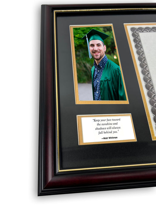 Protective Diploma Frame with Tassel Holder, Double Mat, UV Protection, for 8.5 x 11 Certificate and 4 x 6 Photo Display