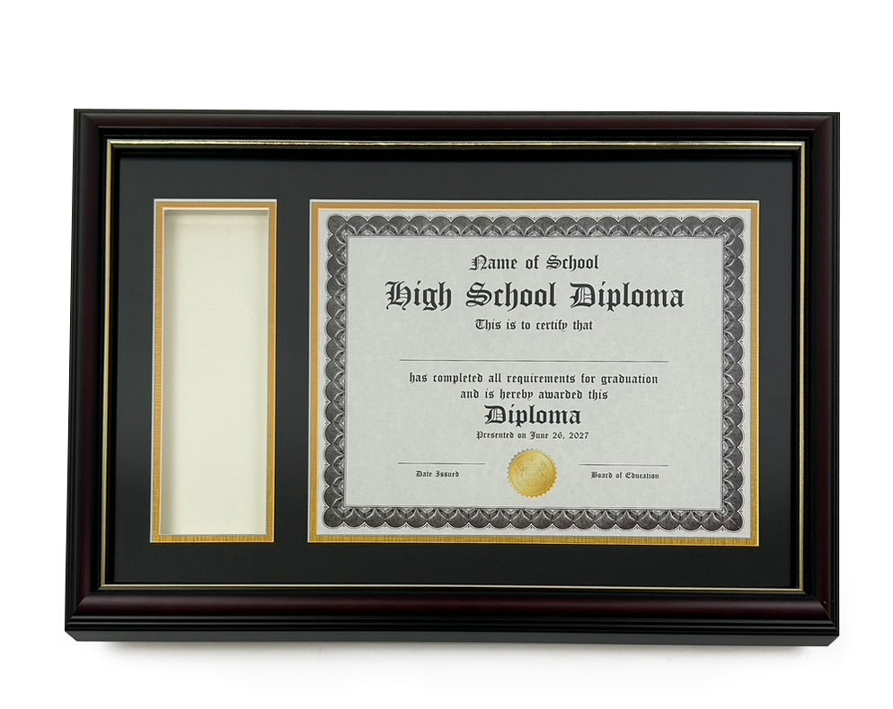 Real Wood Glossy Cherry Diploma Frame with Tassel Holder and Gold Trim - Fits 8.5 x 11 Certificate