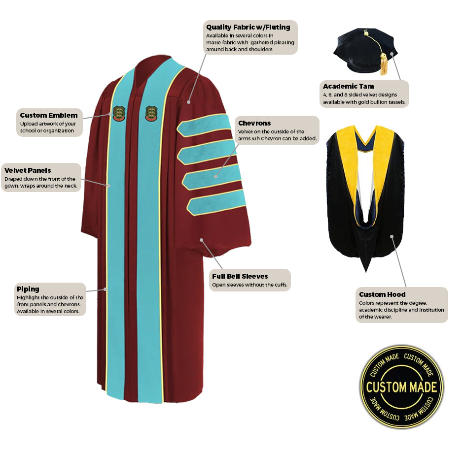 Custom Doctoral Graduation Tam, Gown and Hood Package - Doctorate Regalia - Graduation Cap and Gown