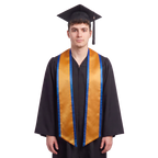 Antique gold graduation stole with royal blue trim, a V-shaped neckline, and slanted ends.
