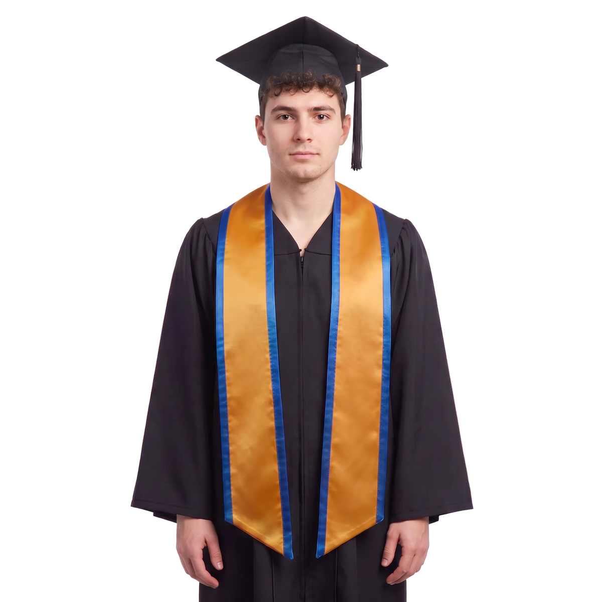 Antique gold graduation stole with royal blue trim, a V-shaped neckline, and slanted ends.

