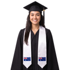 Australia flag graduation stole with an embroidered Australian flag patch, worn as a graduation sash.