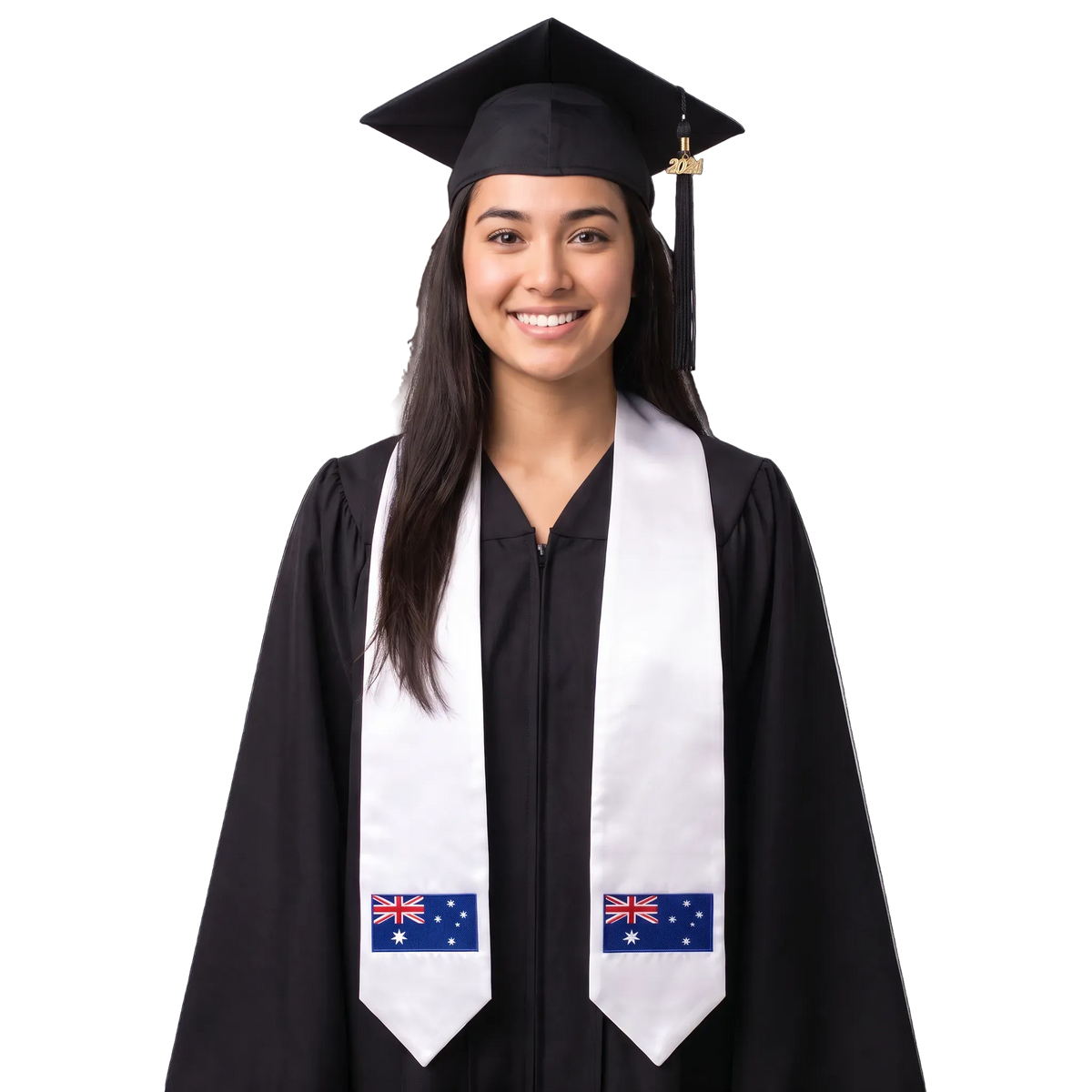 Australia flag graduation stole with an embroidered Australian flag patch, worn as a graduation sash.