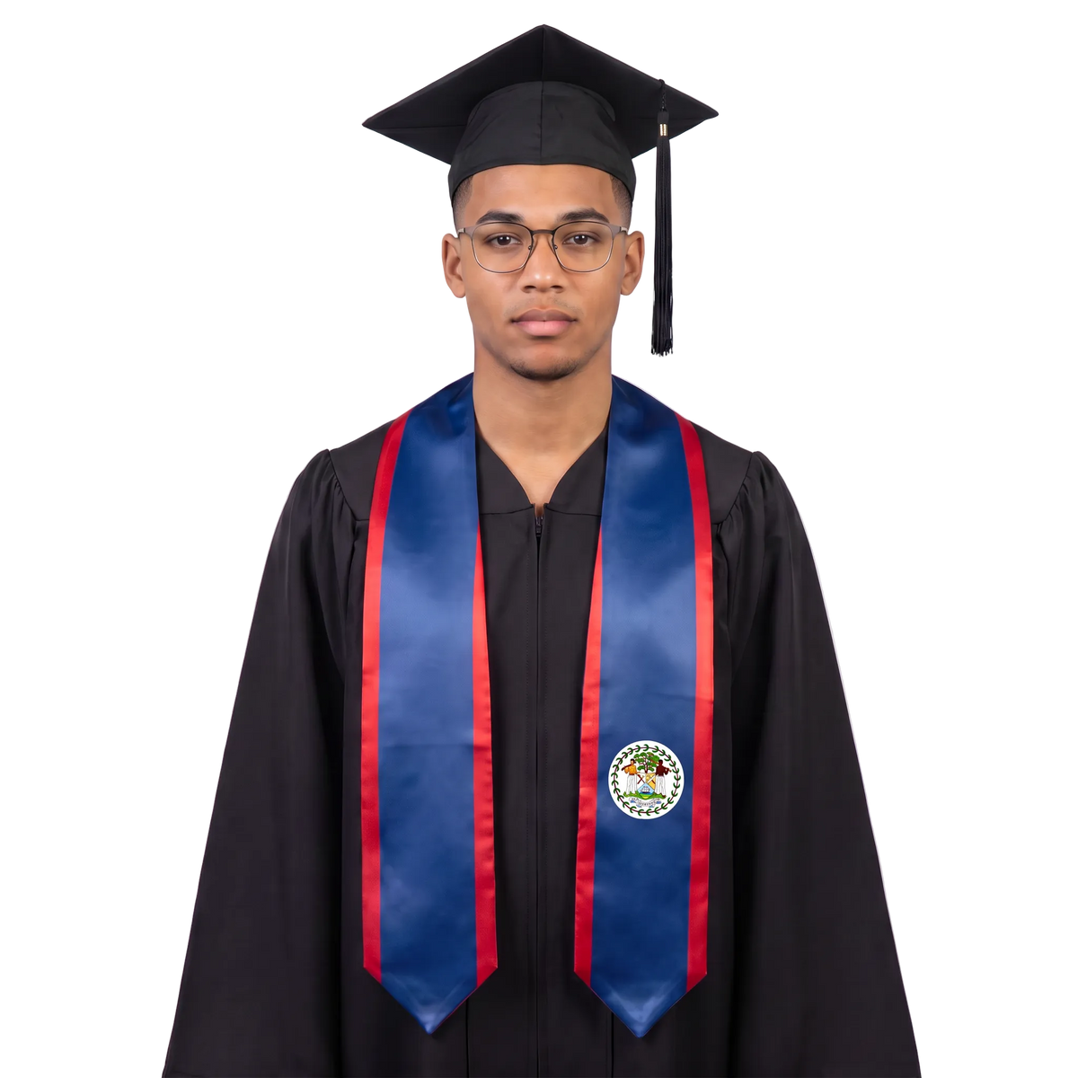 Blue Belize flag graduation stole with red trim, pointed ends, and the Belize coat of arms on one side.
