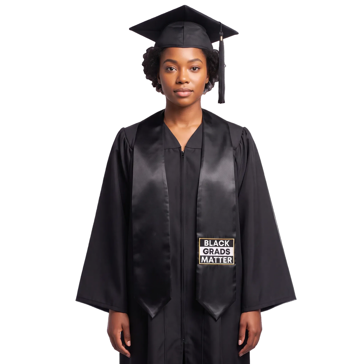 Black graduation stole with pointed ends and a black-and-white BLACK GRADS MATTER patch with a gold border on one side.
