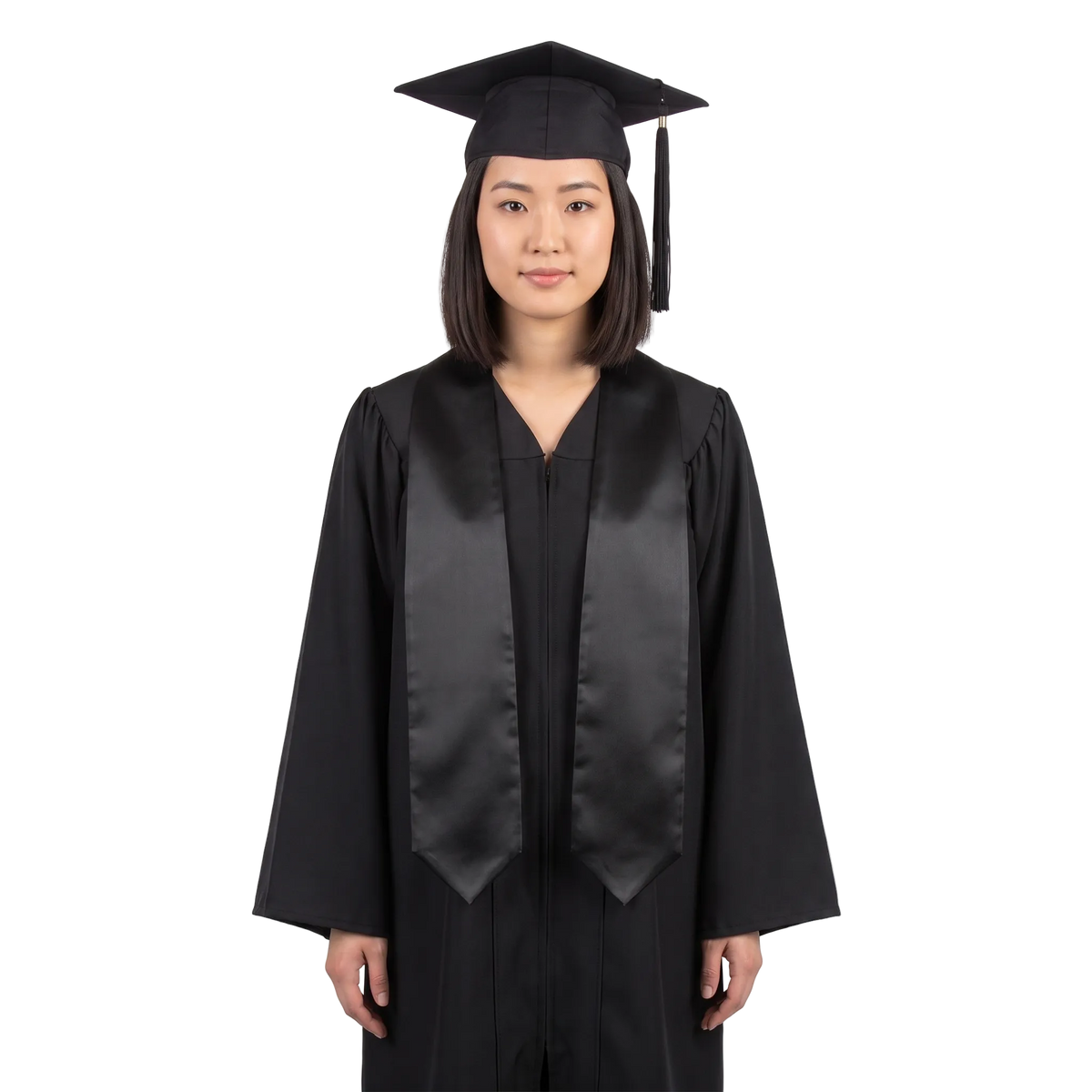 Plain black graduation stole with a V-shaped neckline and pointed ends, shown against a white background.
