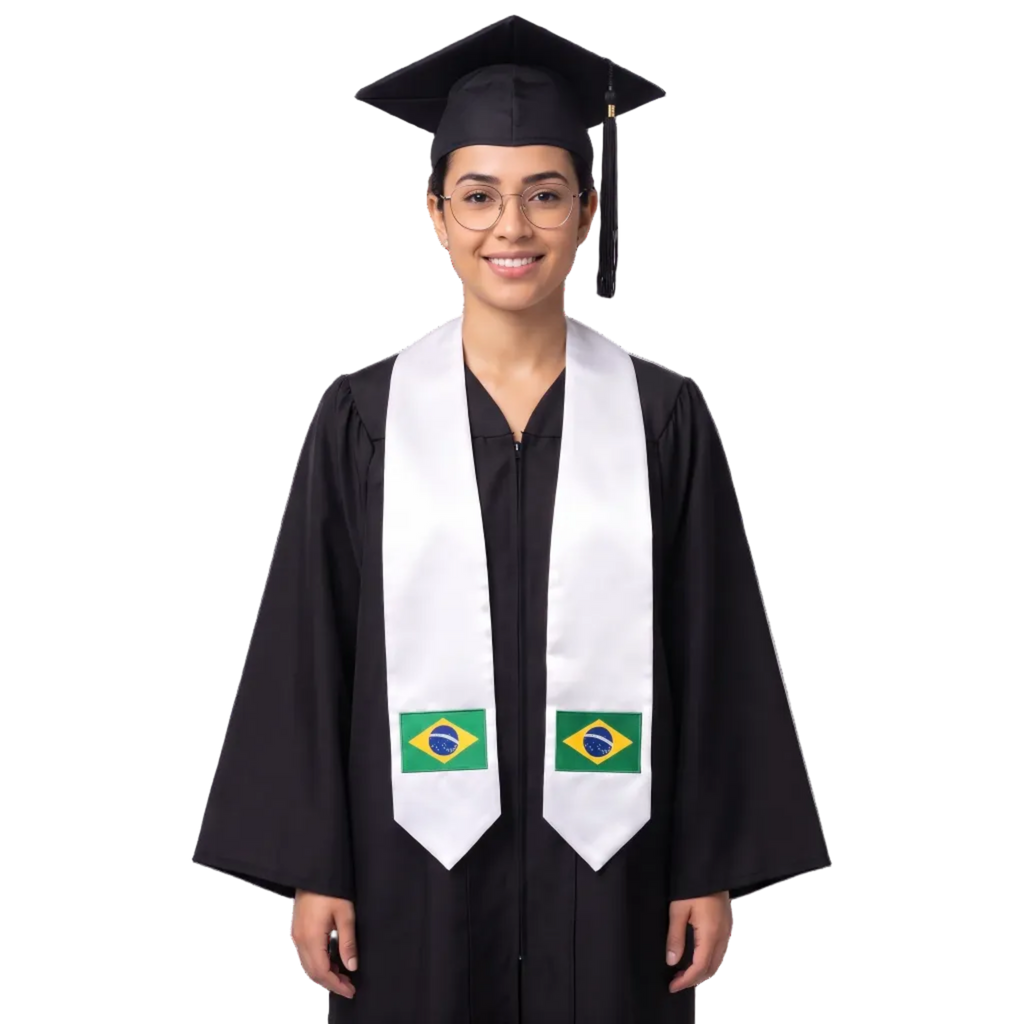 Brazil flag graduation stole with an embroidered Brazilian flag patch, worn as a graduation sash.