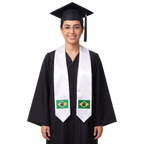 Brazil flag graduation stole with an embroidered Brazilian flag patch, worn as a graduation sash.
