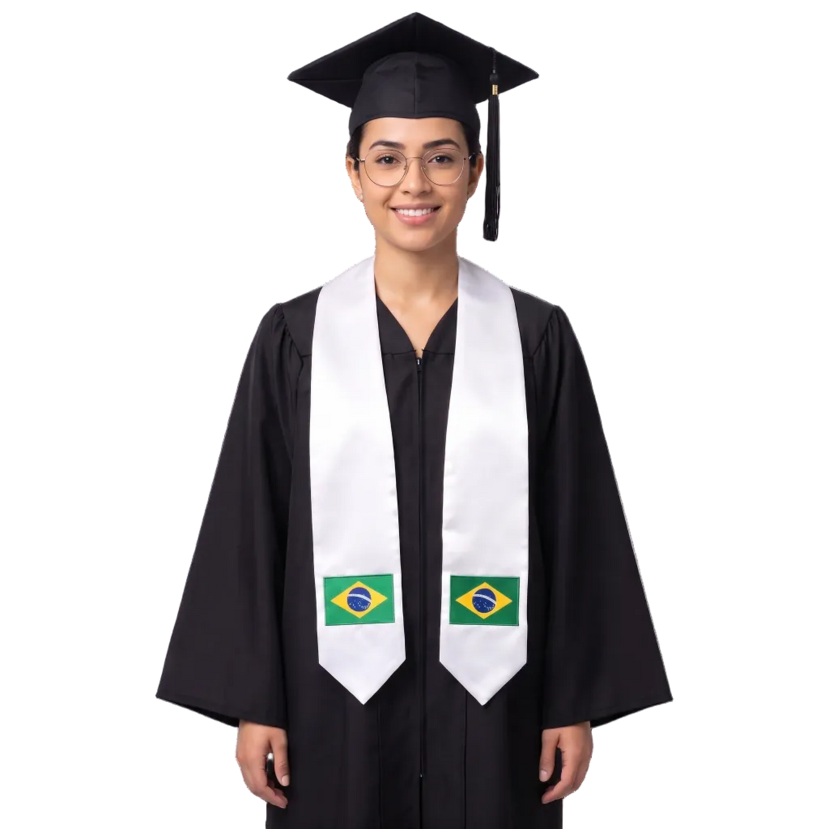 Brazil flag graduation stole with an embroidered Brazilian flag patch, worn as a graduation sash.