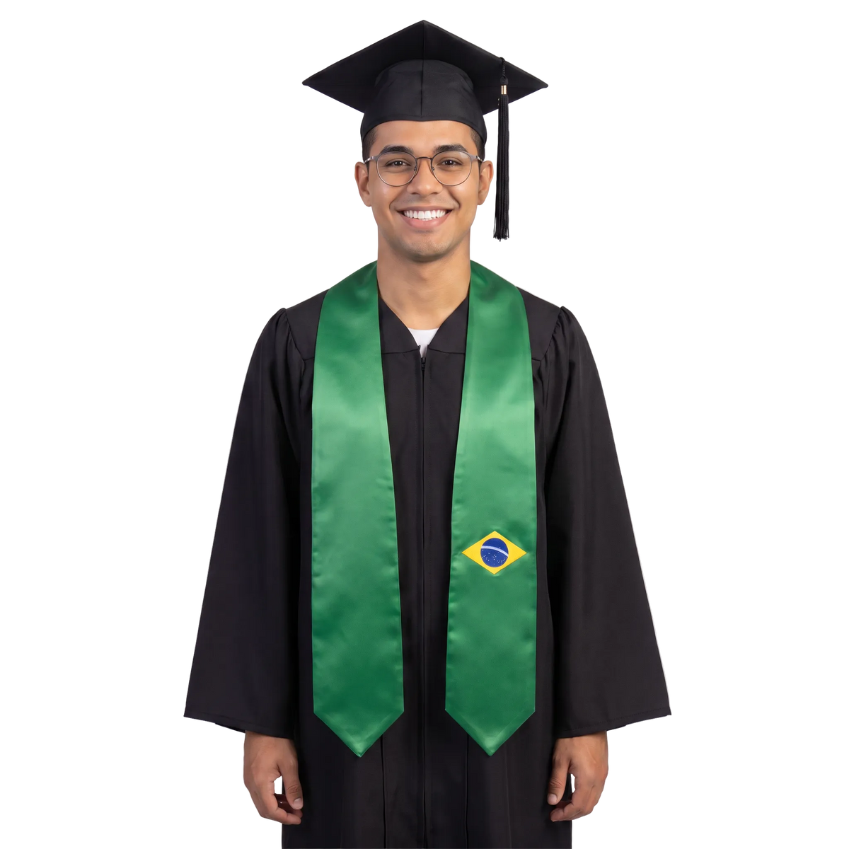 Brazil flag graduation stole with the Brazil flag design, worn as a graduation sash.