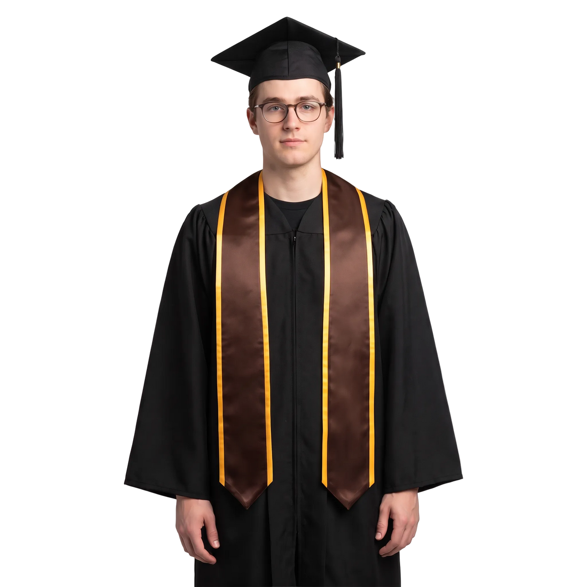 Brown graduation stole with gold trim along the edges, a V-shaped neckline, and pointed ends.
