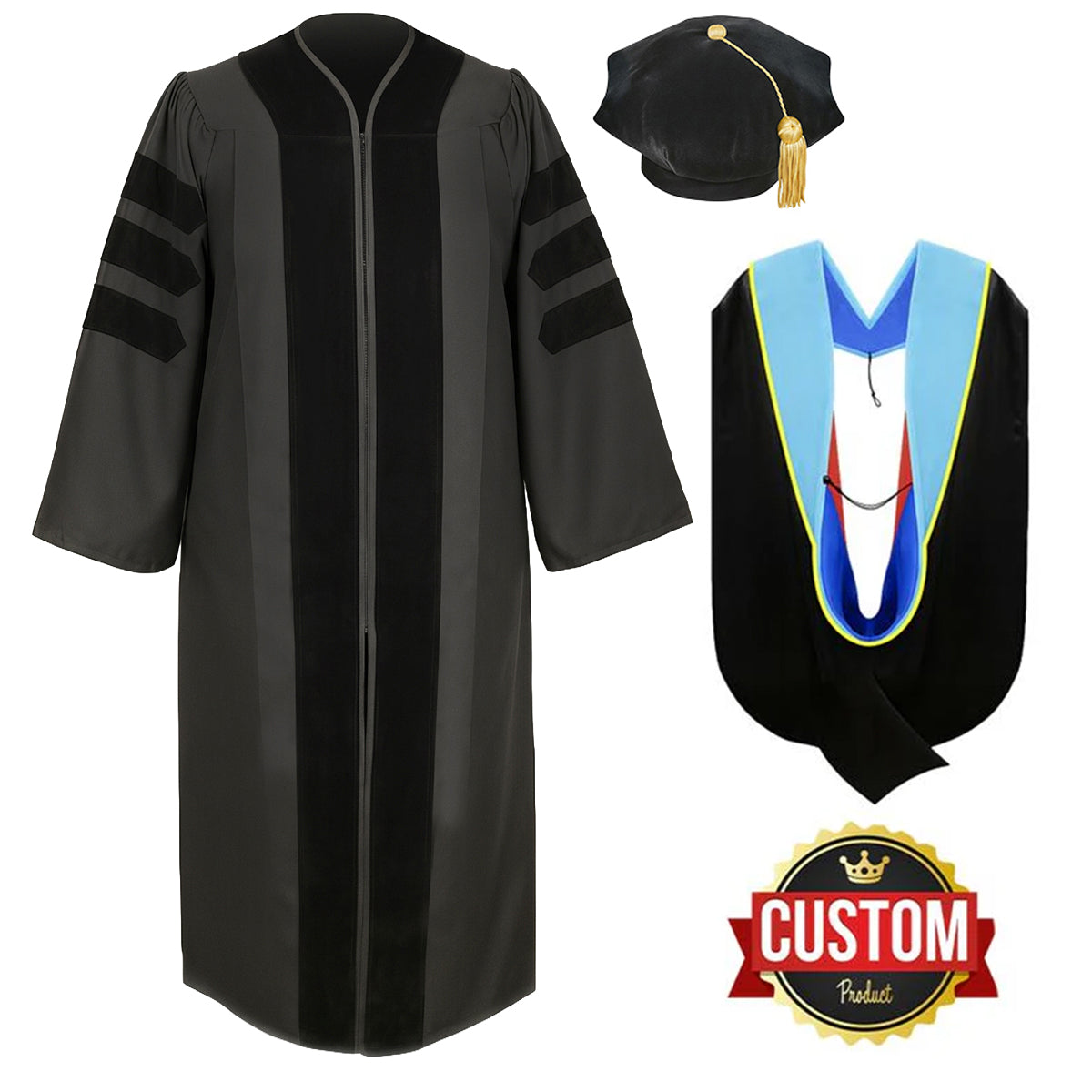 Classic Doctoral Graduation Tam, Gown & Hood Package - Graduation Cap and Gown