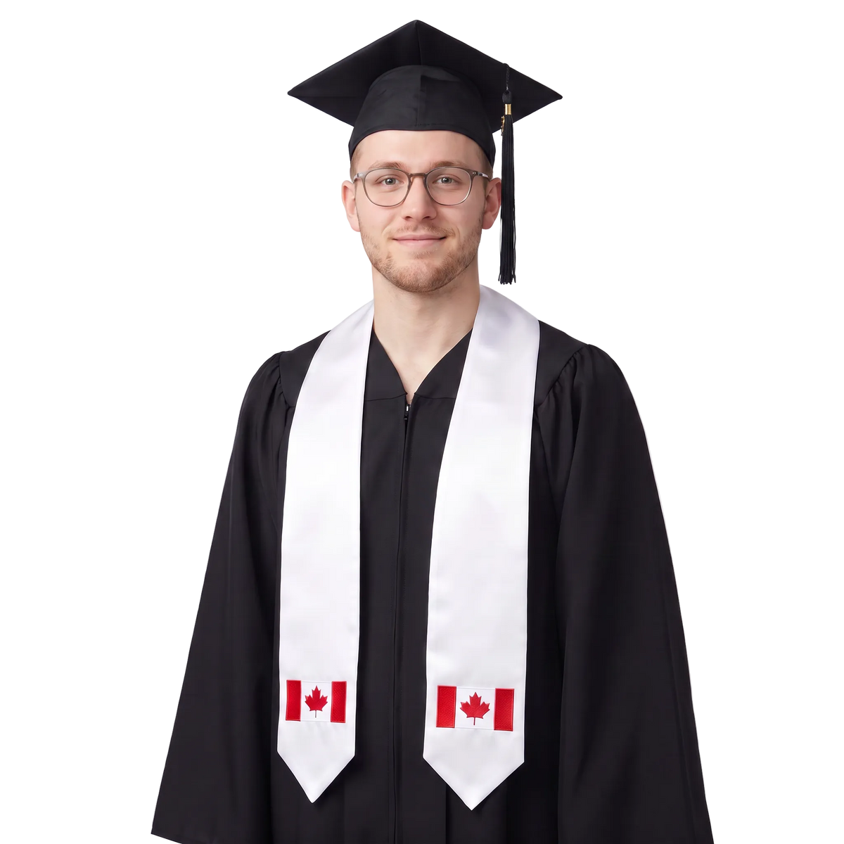 Canada flag graduation stole with an embroidered Canadian flag patch, worn as a graduation sash.