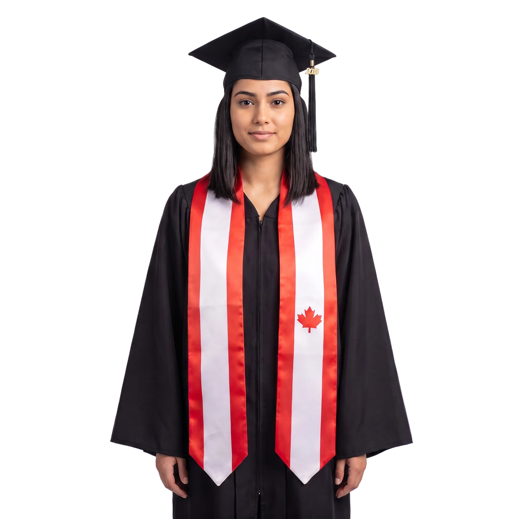Canada flag graduation stole with the Canada flag design, worn as a graduation sash