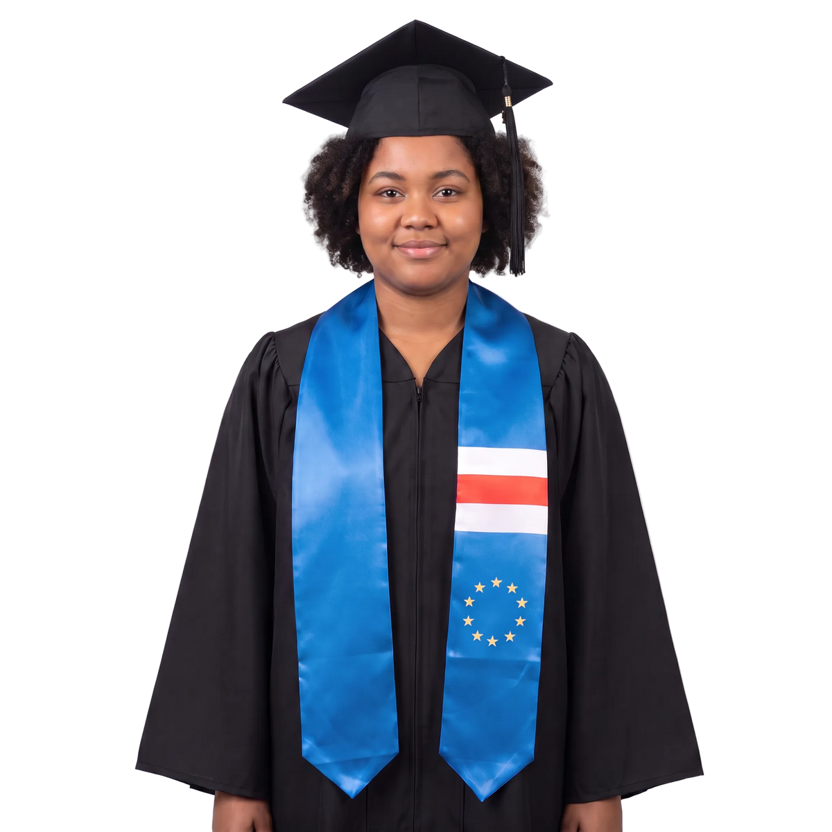 Blue Cape Verde flag graduation stole with pointed ends, red and white stripes, and a circle of yellow stars on one side.
