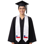 Chile flag graduation stole with an embroidered Chilean flag patch, worn as a graduation sash.