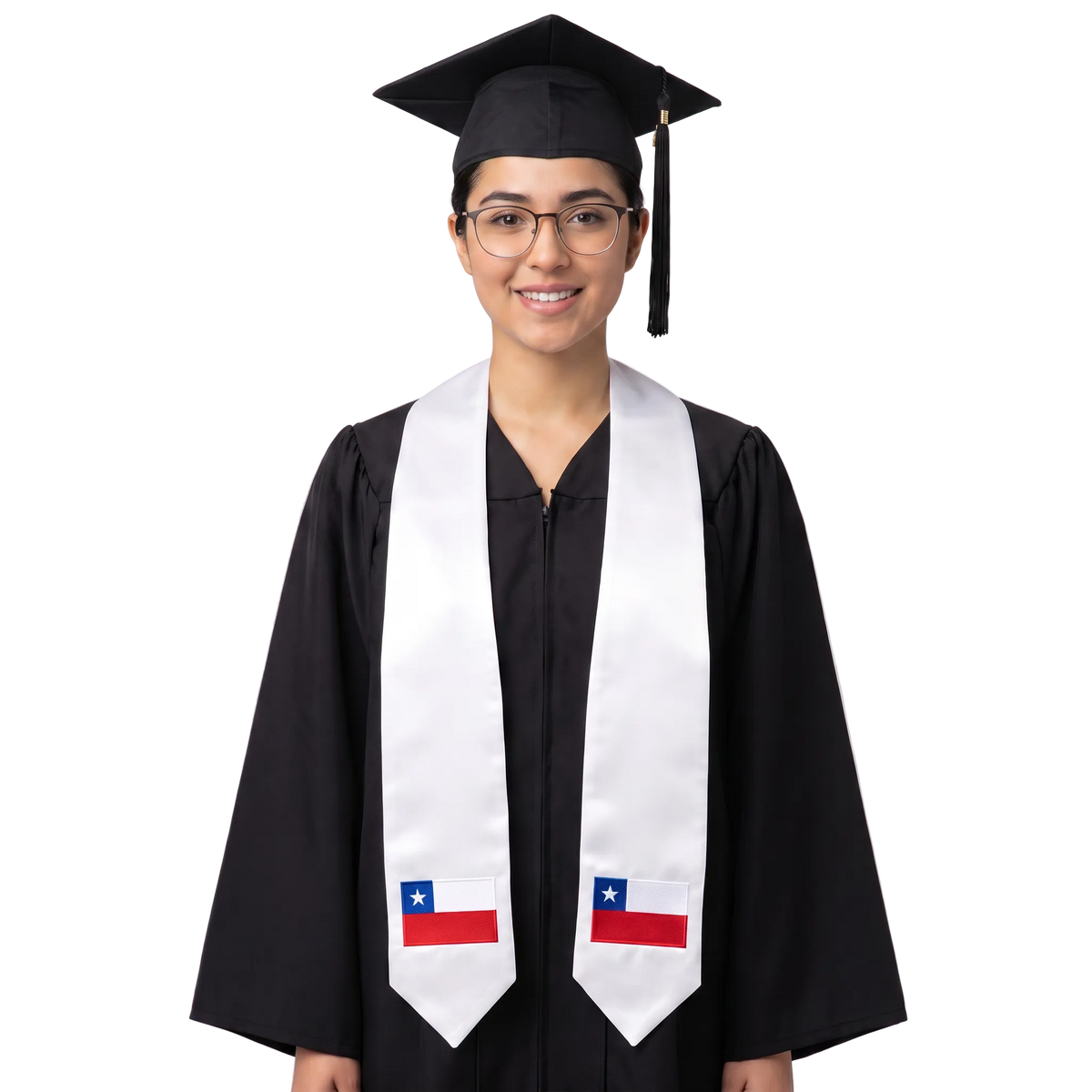Chile flag graduation stole with an embroidered Chilean flag patch, worn as a graduation sash.