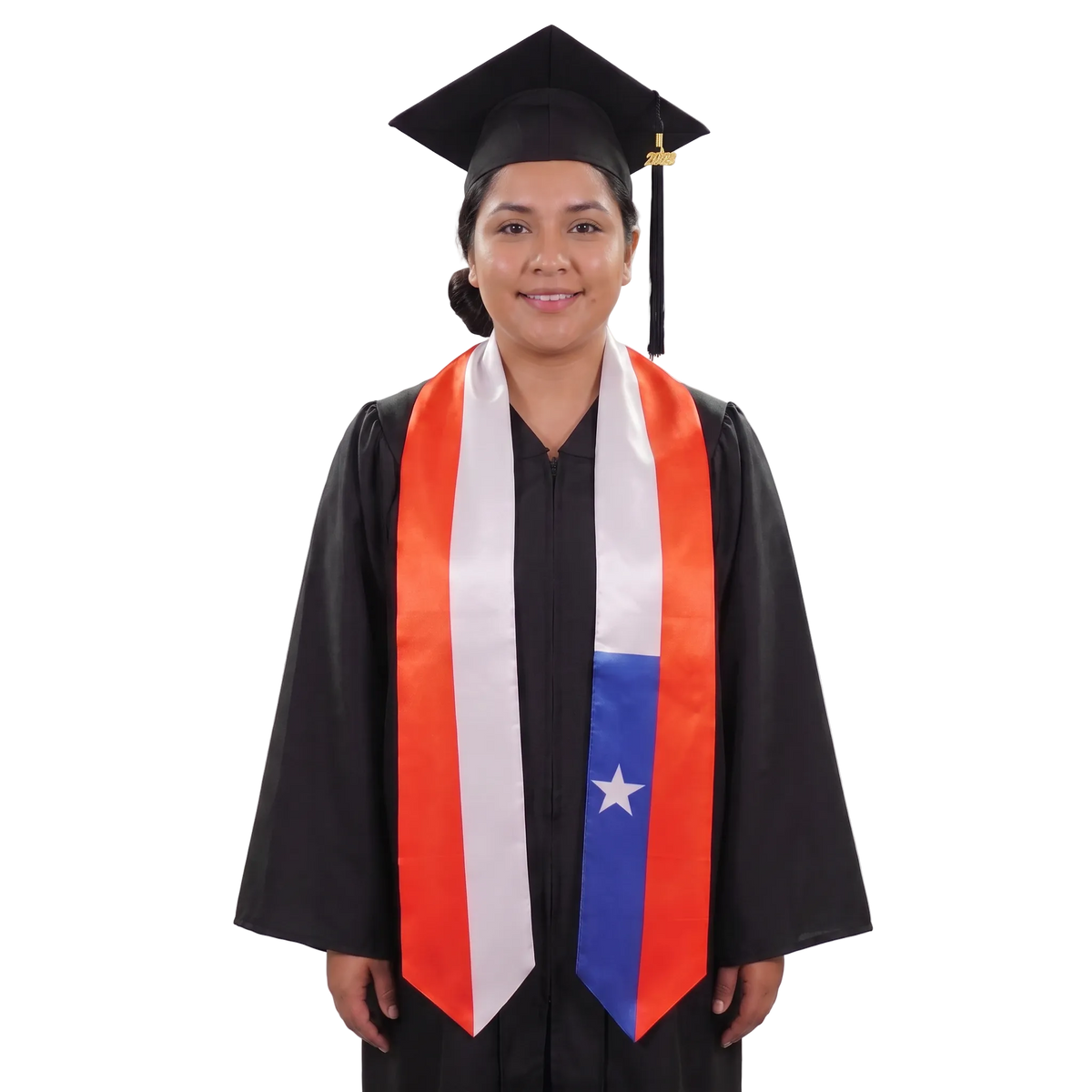 Chile flag graduation stole with the Chile flag design, worn as a graduation sash