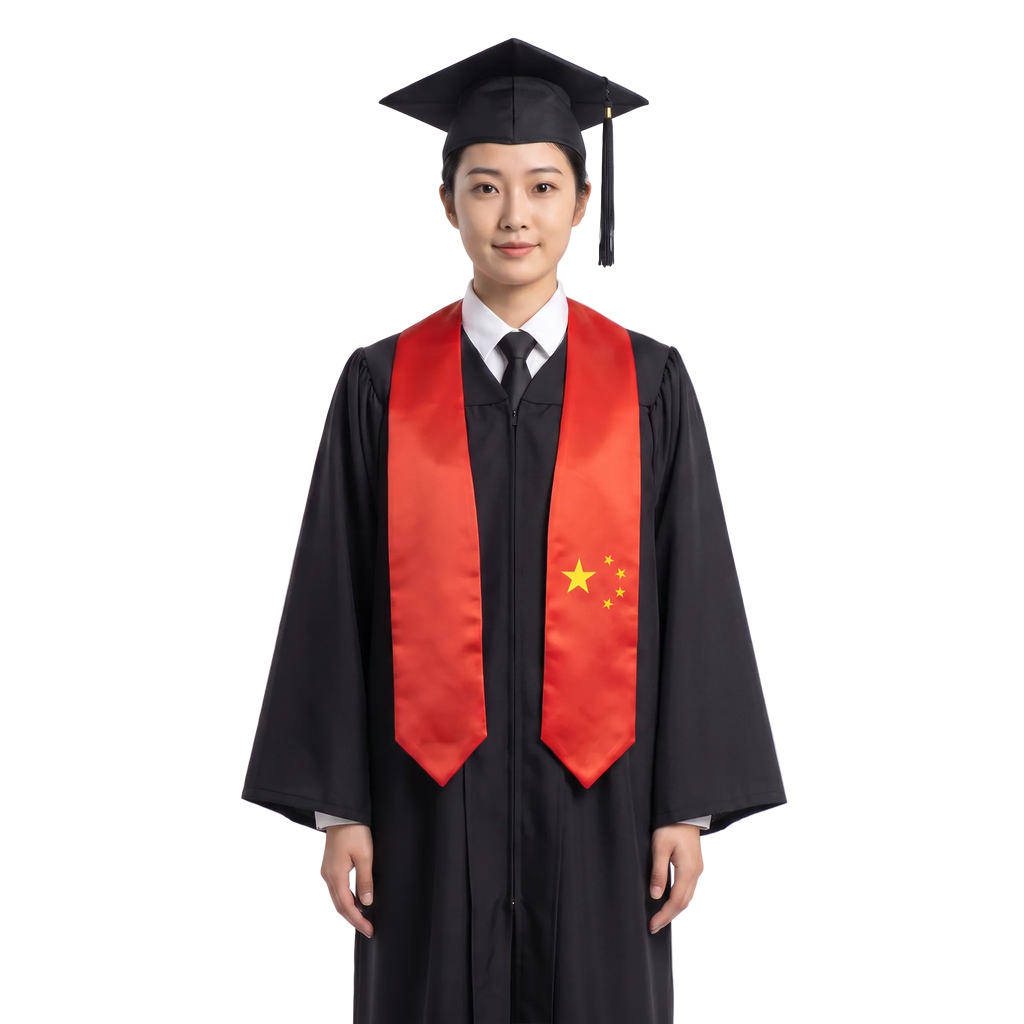 China flag graduation stole with the China flag design, worn as a graduation sash.