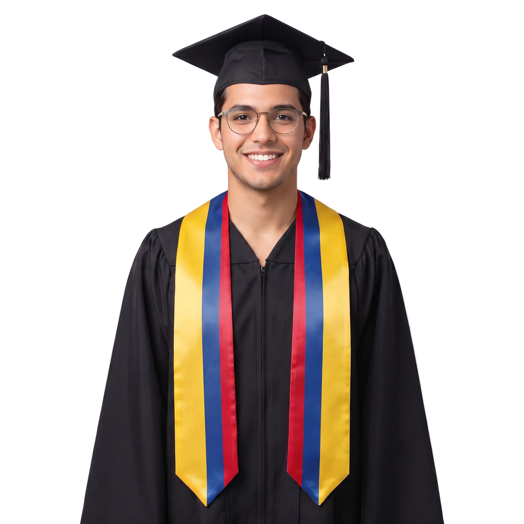 Colombia flag graduation stole with the Colombia flag design, worn as a graduation sash.
