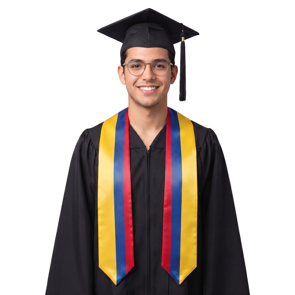 Colombia flag graduation stole with the Colombia flag design, worn as a graduation sash.