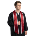 Crimson slanted graduation stole with white trim and angled ends, shown against a white background.