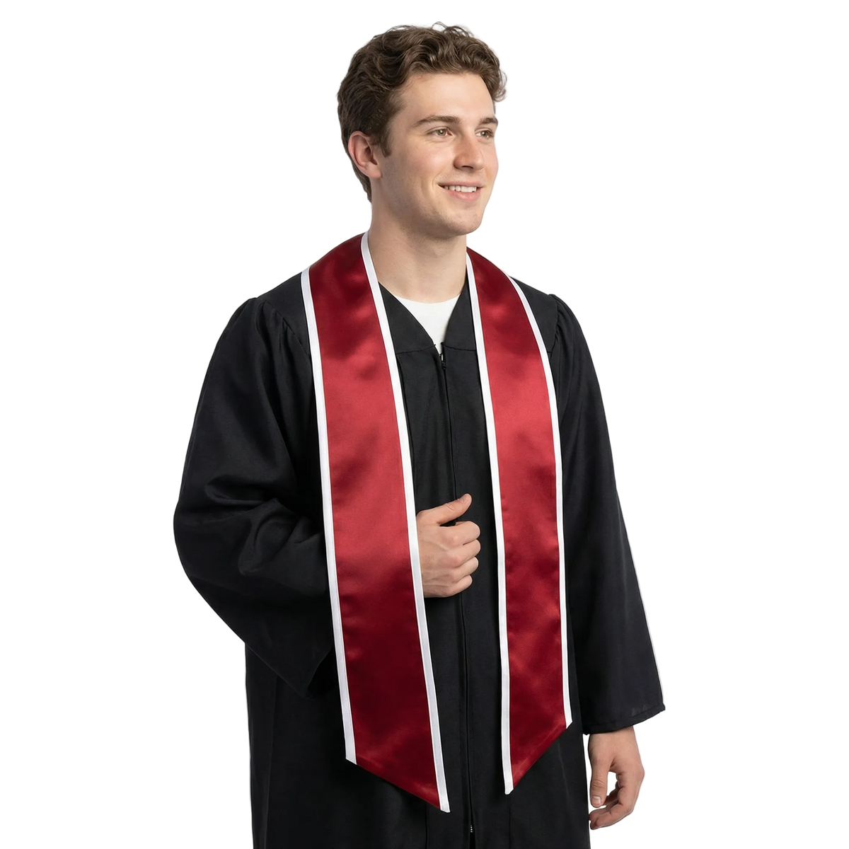 Crimson slanted graduation stole with white trim and angled ends, shown against a white background.