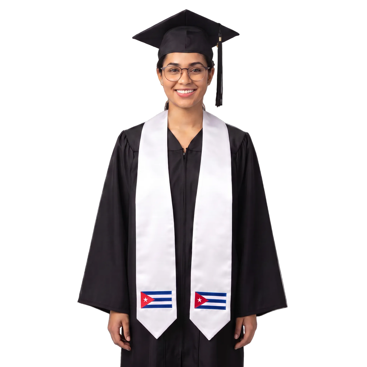 White graduation stole with pointed ends and Cuban flag patches featuring blue and white stripes, a red triangle, and a white star on both sides.
