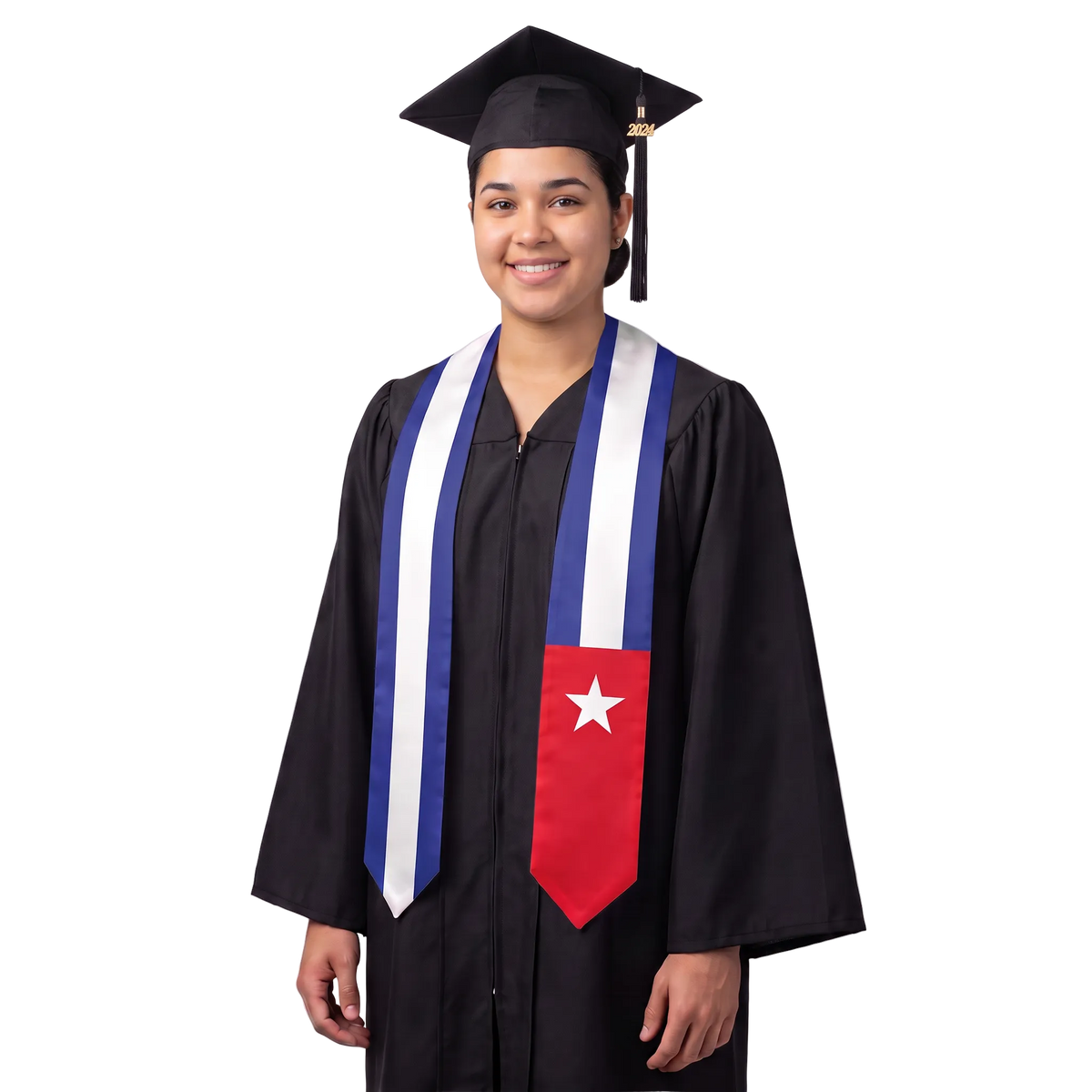 Cuba flag graduation stole with the Cuba flag design, worn as a graduation sash.