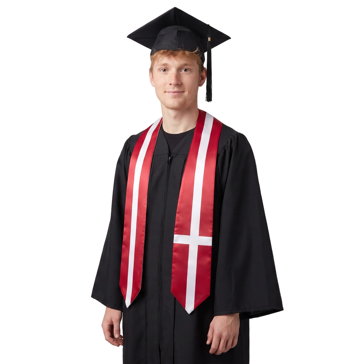 Denmark flag graduation stole with the Denmark flag design, worn as a graduation sash.