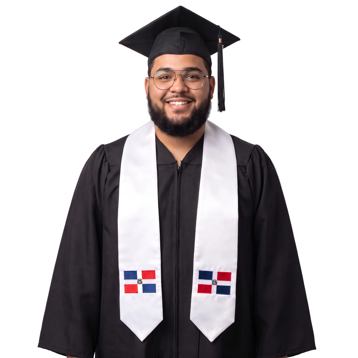 White graduation stole with pointed ends and Dominican Republic flag patches in red, white, and blue on both sides.

