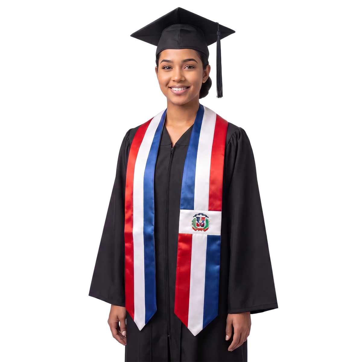 Dominican Republic flag graduation stole with a V-shaped neckline, red, white, and blue stripes, pointed ends, and coat of arms on one side.
