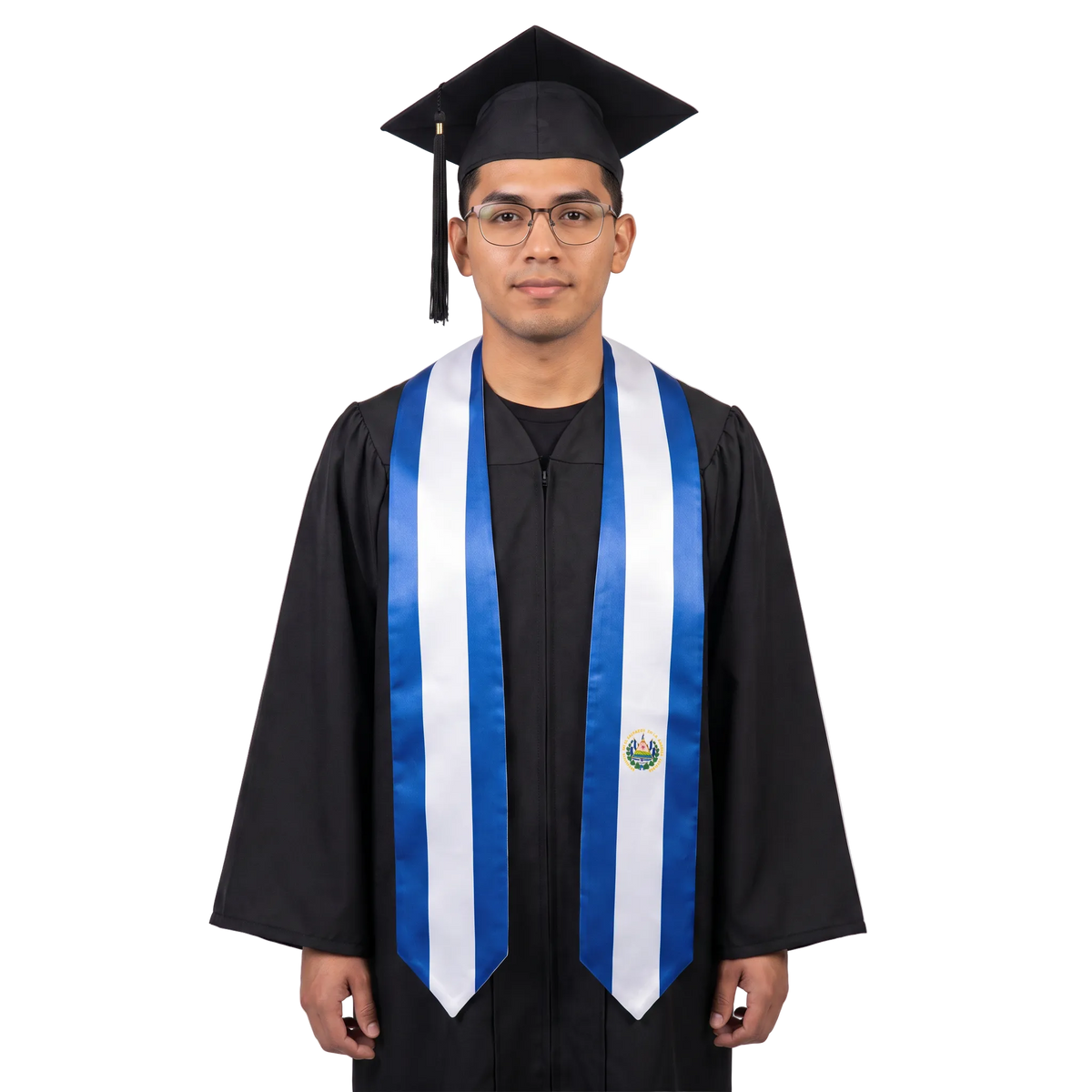El Salvador flag graduation stole with the El Salvador flag design, worn as a graduation sash.