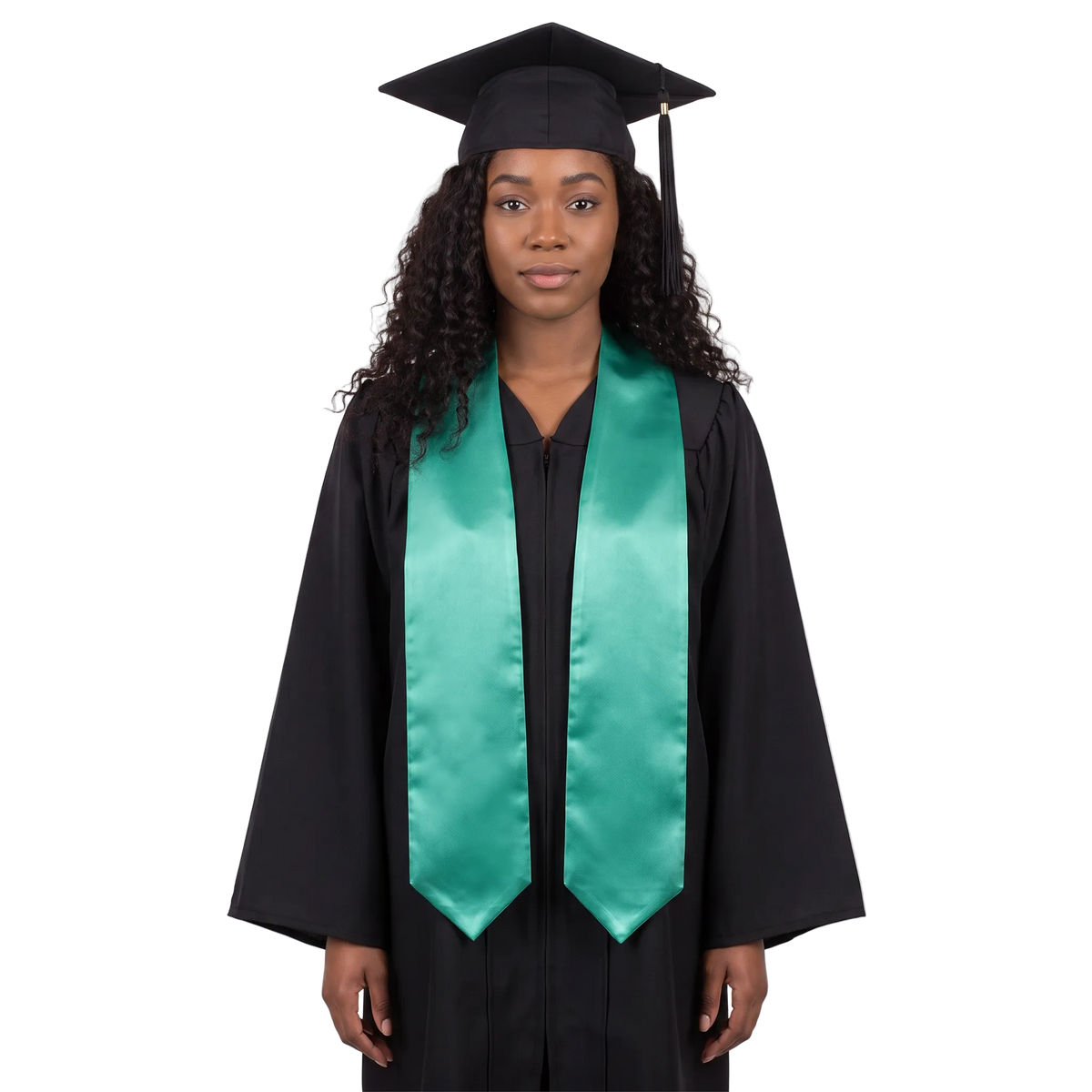 Plain emerald green graduation stole with a V-shaped neckline and pointed ends, shown against a white background.
