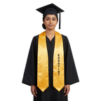 Gold Essayist class officer graduation stole with black vertical ESSAYIST lettering on one side, a V-shaped neckline, and pointed ends.
