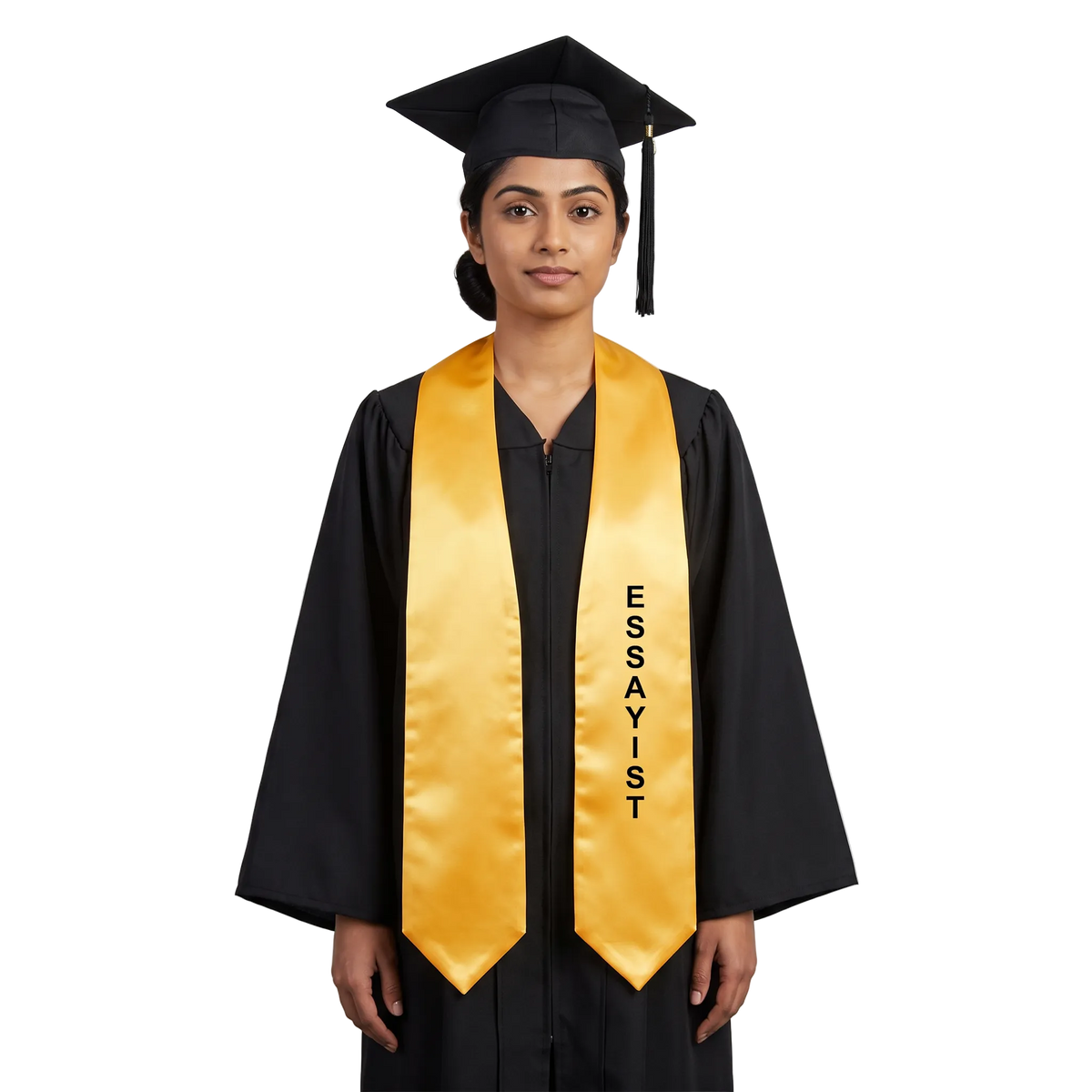 Gold Essayist class officer graduation stole with black vertical ESSAYIST lettering on one side, a V-shaped neckline, and pointed ends.
