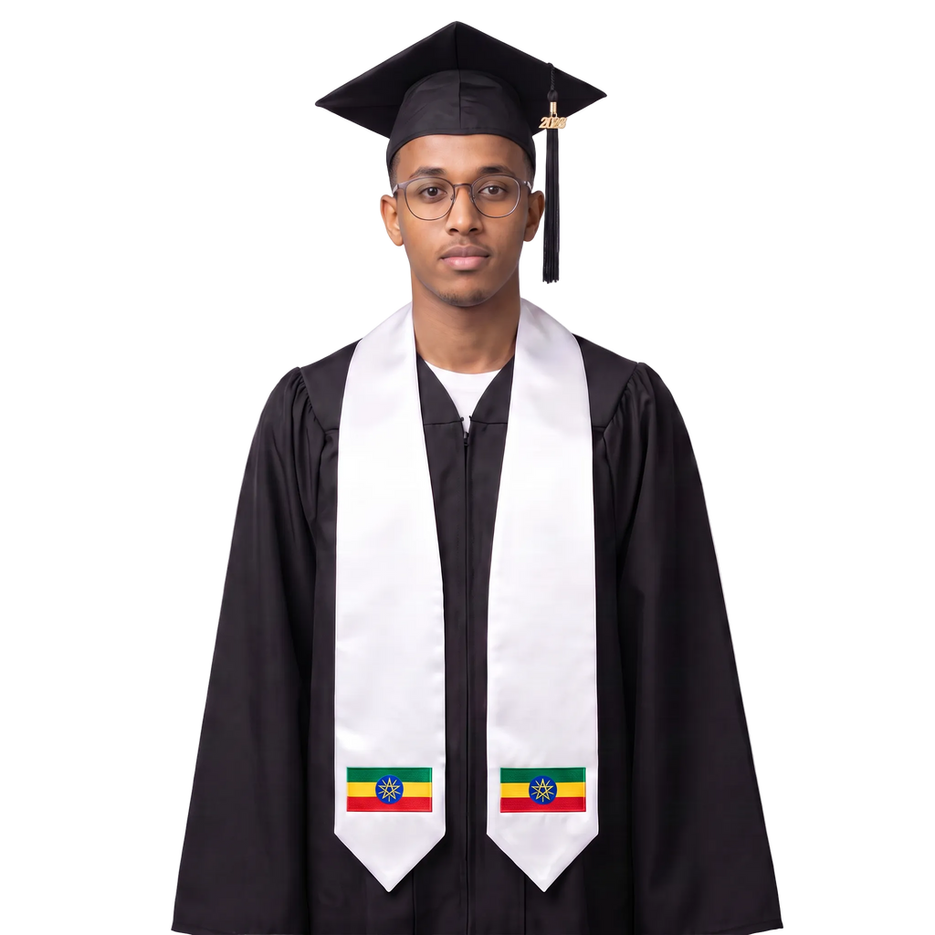 Ethiopia flag graduation stole with an embroidered Ethiopian flag patch, worn as a graduation sash."