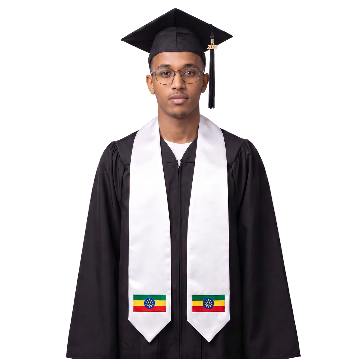 Ethiopia flag graduation stole with an embroidered Ethiopian flag patch, worn as a graduation sash."