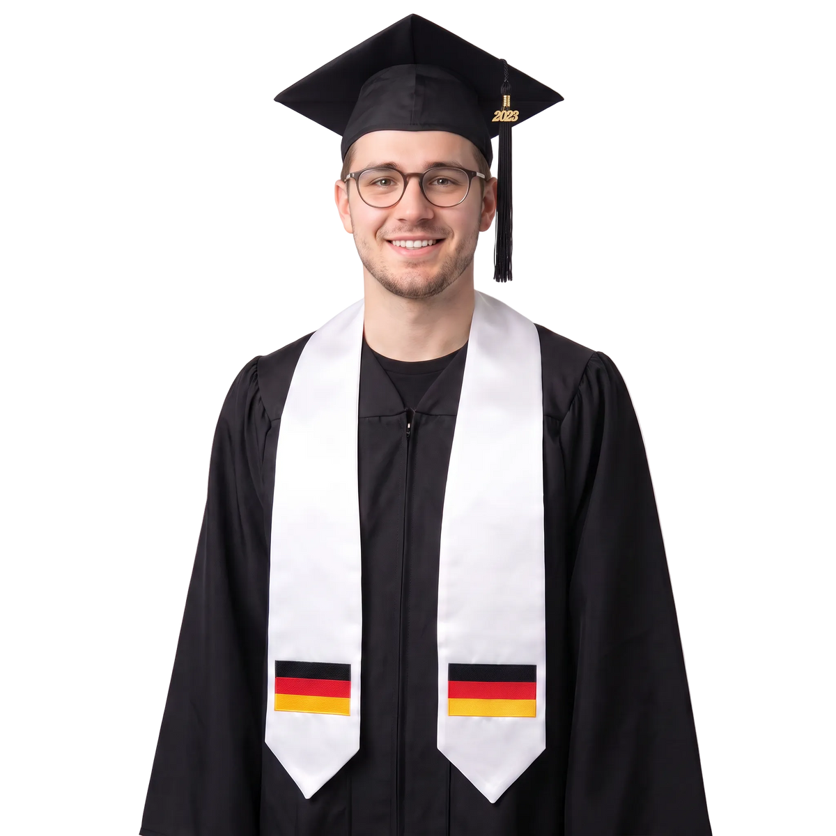 Germany flag graduation stole with an embroidered German flag patch, worn as a graduation sash.