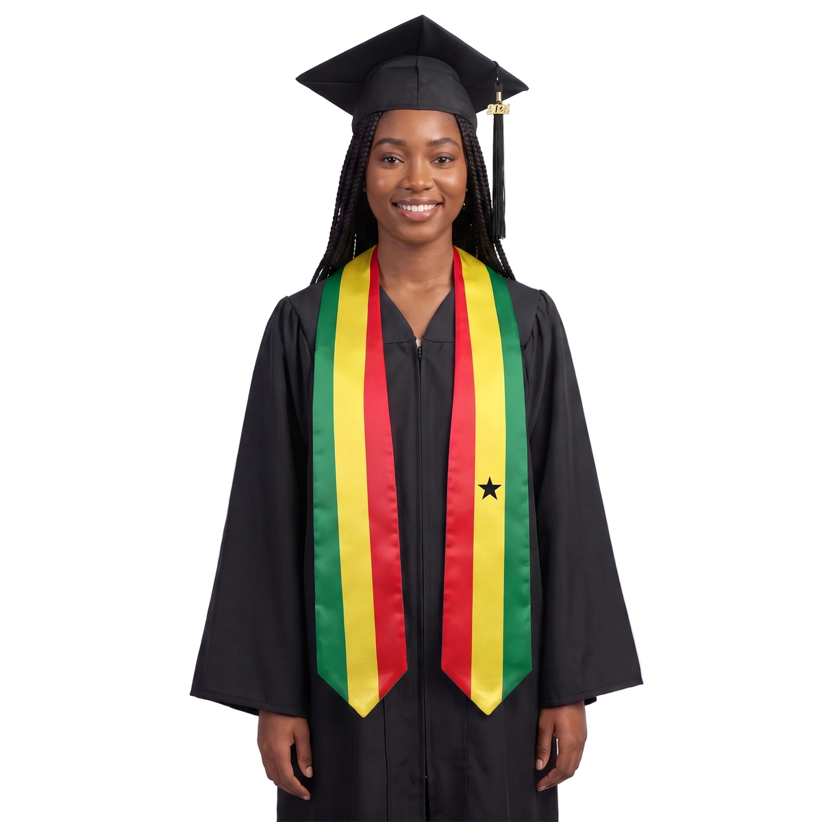 Ghana flag graduation stole with the Ghana flag design, worn as a graduation sash