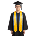 Gold graduation stole with royal blue trim along the edges, a V-shaped neckline, and pointed ends.
