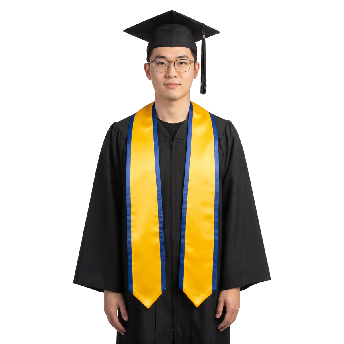 Gold graduation stole with royal blue trim along the edges, a V-shaped neckline, and pointed ends.
