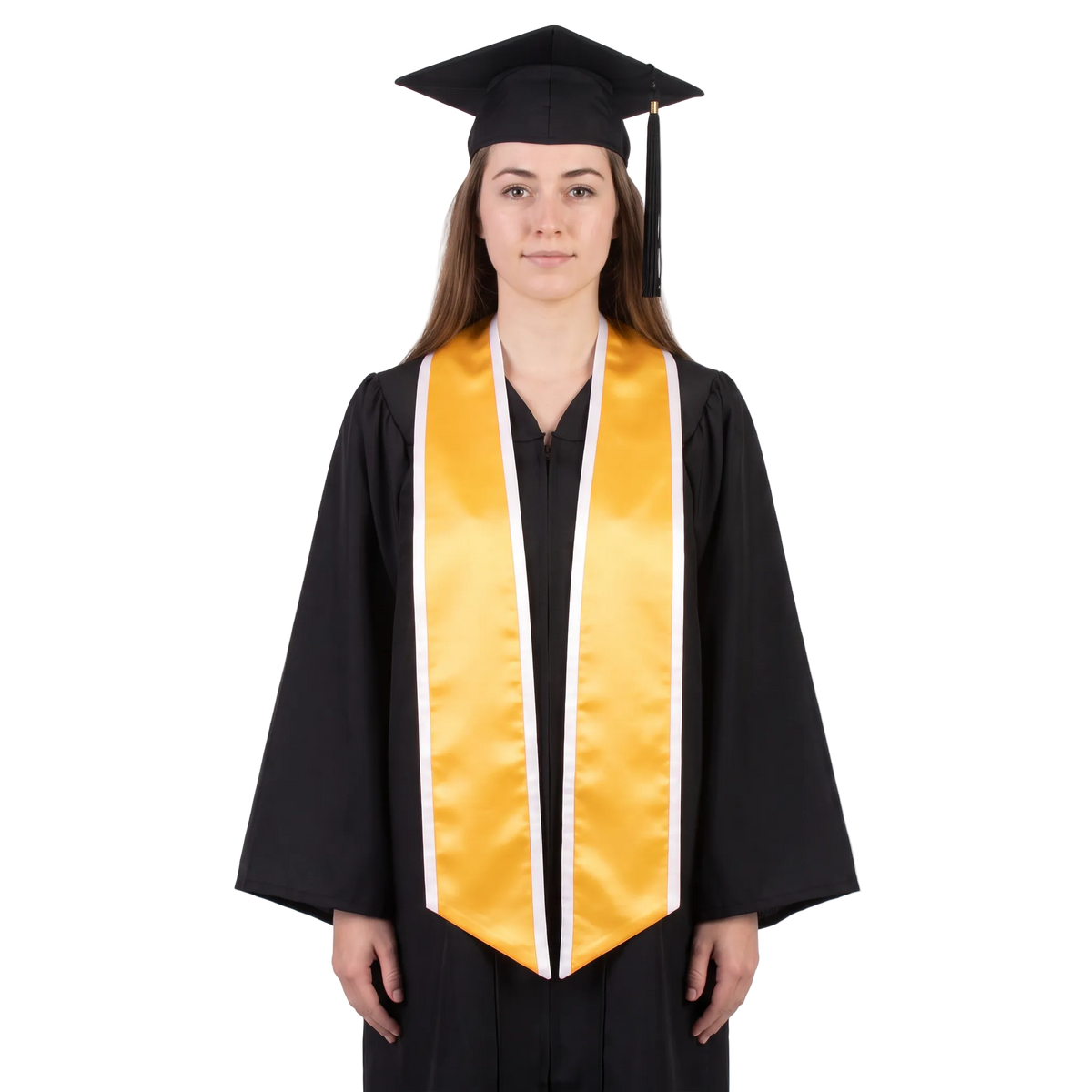Gold graduation stole with white trim along the edges, a V-shaped neckline, and slanted ends.

