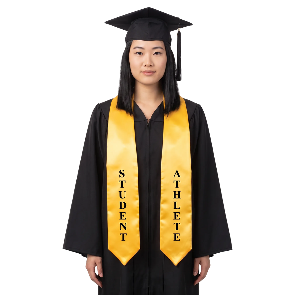Gold graduation stole with black STUDENT and ATHLETE lettering down opposite sides, a V-shaped neckline, and pointed ends.
