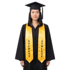 Gold graduation stole with black STUDENT and ATHLETE lettering down opposite sides, a V-shaped neckline, and pointed ends.
