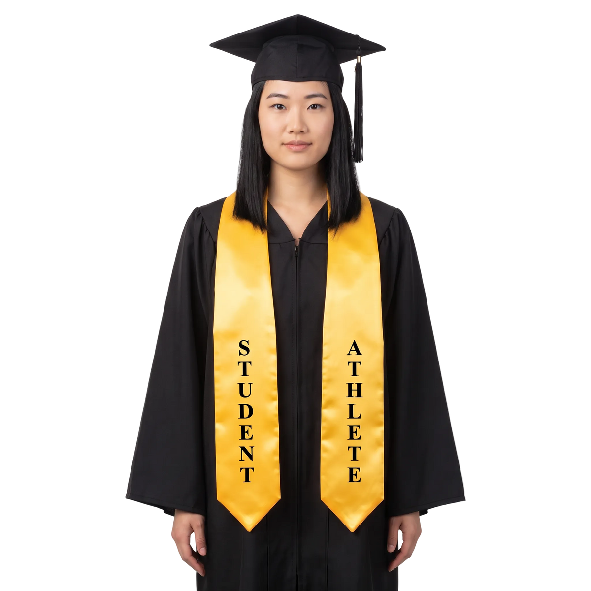 Gold graduation stole with black STUDENT and ATHLETE lettering down opposite sides, a V-shaped neckline, and pointed ends.
