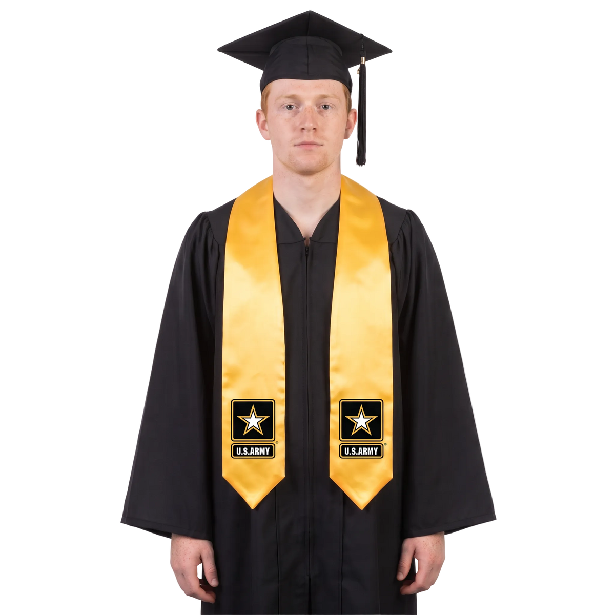 Gold U.S. Army graduation stole with black star logo patches and U.S. ARMY lettering on both sides, a V-shaped neckline, and pointed ends.
