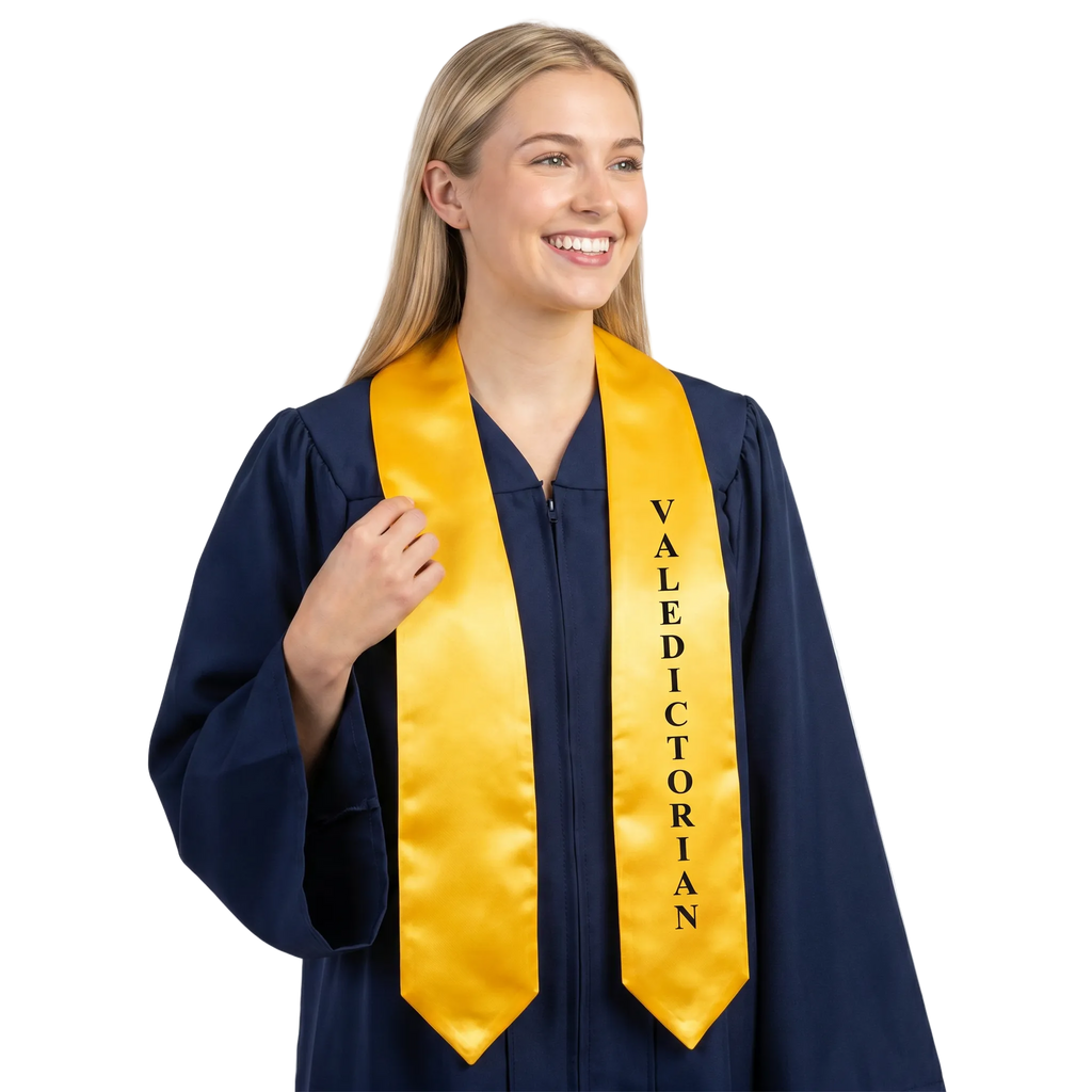 Gold Valedictorian graduation stole with black lettering, worn as a graduation sash for high school and college commencement ceremonies