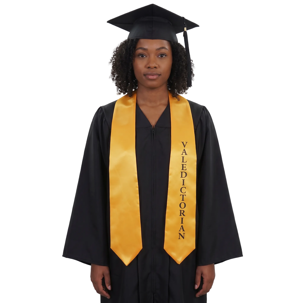 Gold valedictorian graduation stole with black VALEDICTORIAN lettering down one side, a V-shaped neckline, and pointed ends.
